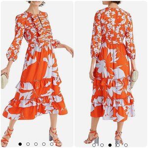 J.Crew Floral Ruffle Midi Dress Size 6 Orange Vibrant Long Sleeves Tiered Party